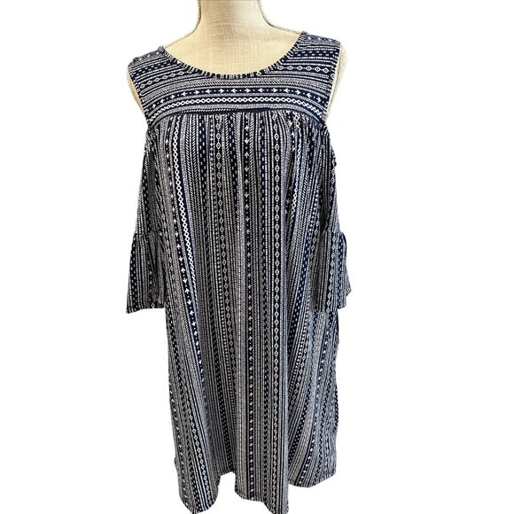 Robert Louis Cold-Shoulder Navy & White Geometric Print Dress  Ruffle Sleeves - Picture 1 of 6